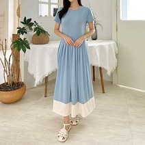 올리디 배색 주름 롱 원피스