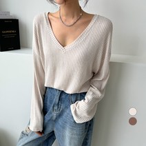 세컨그라운드 여성용 루즈핏 골지 브이넥 티셔츠
