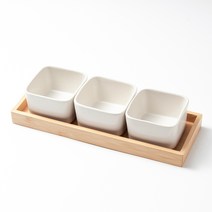 키올리 도자기 소분 정사각 반찬 접시 3p + 우드 트레이 세트, 접시 3p + 트레이, 매트 화이트, 1세트
