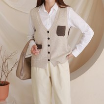 여성용 럽스 렌렌 포켓 버튼 브이넥 니트 조끼