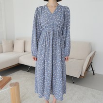 빼빼 여성용 데일리 브이넥 플라워 퍼프소매 롱원피스