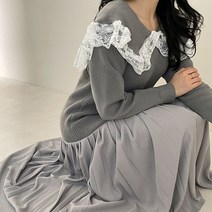 여성용 빅카라 레이스 니트 플리츠 원피스