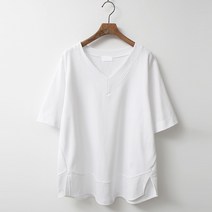 빼빼 여성용 브이넥 라운딩 밑단 트임 반팔 루즈핏 롱 티셔츠