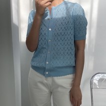 뜨개진 여성용 비스코스 펀칭 스카시 스칼럽 라운드 바타크 반팔 가디건