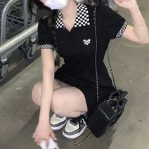 단추 카라넥 체크 원피스