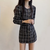트위드 금장 퍼프 미니 원피스