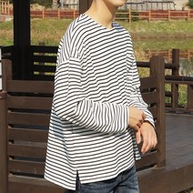 남성용 머스트 해브 스트라이프 데일리 오버핏 긴팔 티셔츠 DLTRT23004