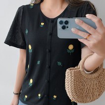 로미스토리 빅사이즈 플라워 자수 펀칭 하프 티셔츠