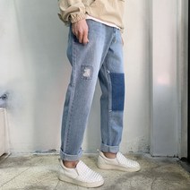 라운지21 남자 투톤 스티치 밴딩 와이드 청바지