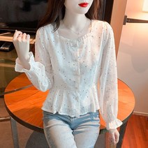 SAHINER 여성 도트 블라우스 프렌치 빈티지 긴팔