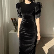 엘린무드 스트롱 벨벳 퍼프 셔링 반팔 스판 쫀쫀 h라인 슬림 펜슬 연말 파티 다리길어보이는 가을 겨울 블랙 블루 롱 콜라병 에스라인 원피스 2color