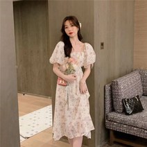 여성복 프렌치 햅번느낌 고급스러운 사각넥 플라워 원피스 롱스커트