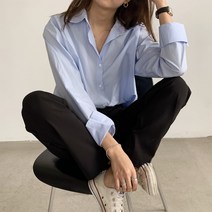 여성 소라색 하늘색 버건디 구김없는 바스락 블라우스 와이셔츠 오버핏 파스텔 카라 남방