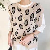 아모르데이 여성용 뮤트레오조끼 호피 라운드 루즈핏 베이직 니트 배색 베스트 조끼