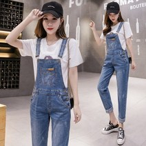 YI MING 여성복 슬림 데미지 데님점프수트 블루 멜빵 청바지 F141