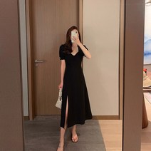[당일출고] 블랙퍼프 햅번 트임원피스 어깨퍼프 롱원피스 무지 캐주얼