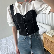 마쿠쿠 여성 배색 셔츠 뷔스티에 혼합 반팔 퍼프 블라우스
