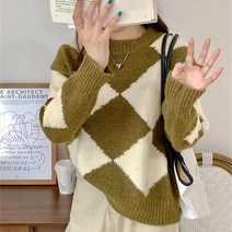 가을/겨울 새로운 다이아몬드 풀오버 스웨터 여성 복고풍 컬러 매칭 느슨한 게으른 바람 패션 긴팔 스웨터 탑 조수