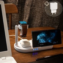 4IN1 삼성 갤럭시Z플립4 갤럭시 워치5 아이폰 애플워치 미니스탠드 접이식 무선충전기 무드등 + 18W어댑터 증정, 삼성블랙+18W, 1개