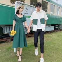 커플룩 여름 프렌치 궁중 리본 원피스 남자 기질 셔츠 바지 세트 커플룩