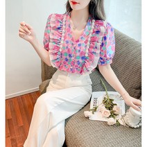 상의 봄 가을 브이넥 플라워 반팔 셔츠 여름 여성 레드 슬림핏 셔츠