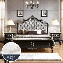유캐슬 로젠 블랙 엔틱 원목 벨벳 침실세트A (퀸침대+2단협탁+매트리스), 단품