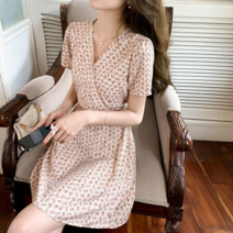 우리봄빛[S-2XL]2컬러 플라워 랩스타일 미니 플레어 원피스 12773