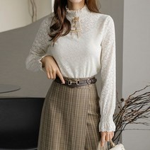 스타일온미 스모크 프릴 반목 폴라 레이스 블라우스 티셔츠