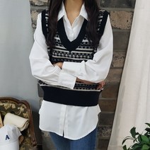 상상그이상 여성용 마야 니트조끼 부드러운 필수 블라우스 코디세트 배색 브이넥 사이즈좋은 보풀없는 가성비 좋은 활용도 높은 레이어드 조끼세트