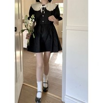 여성 여름 레이스 인형 카라 퍼프 소매 블랙 원피스 공주 스쿨룩 시크한 프릴 스커트