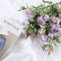 에스메랄다 장미 조화 꽃다발 부쉬 인테리어 꽃장식 인조꽃 셀프웨딩 부케 프리미엄 실크플라워, 바이올렛