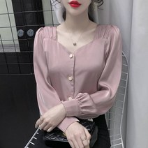 쉬폰 일찍이 가을옷 스퀘어넥 벌룬소매 여성 긴소매 상의 반팔셔츠 2687675054