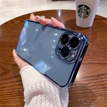 아이폰 광각 셀카렌즈 휴대폰 만원경 아이폰을 위한 럭셔리 플레이팅 스퀘어 투명 전화 케이스 12 11 13 14 프로 맥스 미니 S R 7 8 플러스 SE 3 실리콘 프레임 충격, For iPhone 13Pro MAX, Sierra Blue