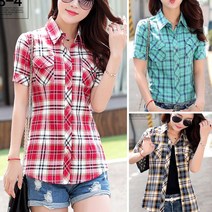 Joyce shop 오래달리기 여성 체크 반팔 남방 여름 남방 셔츠 슬림핏 블라우스 여자 남방 캐주얼남방