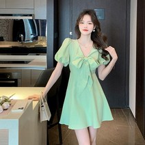 연두색 퍼프소매 플레어 주니어 여름 미니 학생원피스 중학생 고등학생 10대 20대 인싸템 바캉스 비치룩