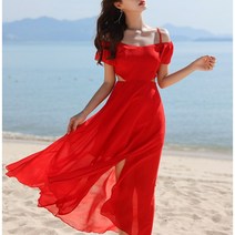 DressooA 쉬폰 롱원피스 휴양지 원피스 바캉스 원피스 비치 원피스 비치 드레스 비치 웨어 (레드)