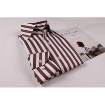 세련된 측정 남자 셔츠 캐주얼 남성복 이탈리아 원피스 칼라 커피 스트라이프 코튼 패브릭 아이언 완료