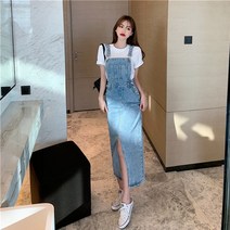여름 여성 코튼 민소매 스트랩 앞트임 단추 멜빵 데님 청 롱 원피스 블루
