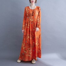 가을 빅사이즈 주황색 자연주의 꽃 무늬 프린트 긴팔 원피스 드레스 휴가 호캉스 부부여행