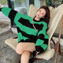 라라벨 여성용 라운드 니트 단가라 체스 루즈핏 단가라니트