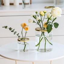 욜케이유 꽃꽂이 화병 인테리어 유리 원형 다각 생화 골드 덮개, 1골드덮화병-다각소형