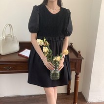 알리팡(Alipang) 여성 여름 원피스 반팔 미니원피스 편안한 여름원피스 데이트룩 반소매 퍼프소매 시원한 엠파이어 튜닉 스목