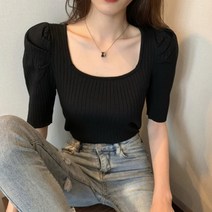 넥 스퀘어 골지 어깨 셔링 퍼프소매 반팔니트 티셔츠