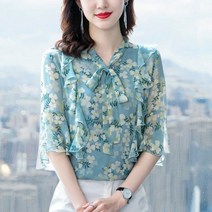 플라워 프릴소매 블라우스 핑크 장미 넥타이 오피스룩 중년 여성 브이넥 프릴 블라우스