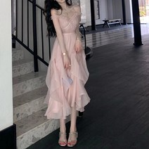 핑크 원피스 레이스 쉬폰 들러리 피로연 파티 오픈숄더