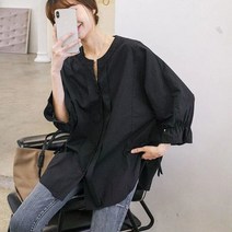 WZC 봄 여름 여성 순면 반팔 셔츠 남방 퍼프 무지 루즈핏 상의 블라우스 빅사이즈 4컬러 S~3XL