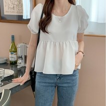 네쥬 여성 봄 여름 퍼프 프릴 예쁜 반팔 블라우스