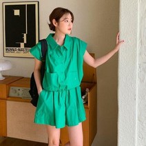 셀러허브(잡화) 여자 남방 핀턱 하프팬츠 H 크로쉐 카라 세트
