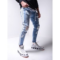 남성 겨울 바지 기모 한파 스웨트팬츠 남성용 찢어진 연필 스키니 데님 바이커 사이드 스트라이프 청바지 패션 발 입 지퍼 힙합 슬림 펜슬 팬츠