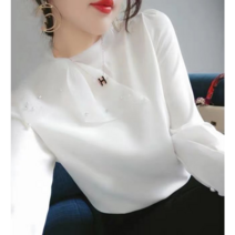 여성 봄가을 긴팔 진주 리본 쉬폰 셔츠 블라우스